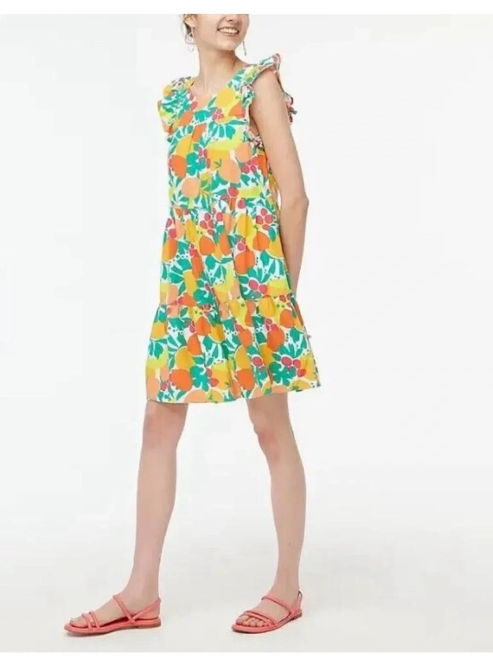 J. Crew Linen Blend Printed Mini Dress A-Line Tiered Floral Fruit Pockets Size 8